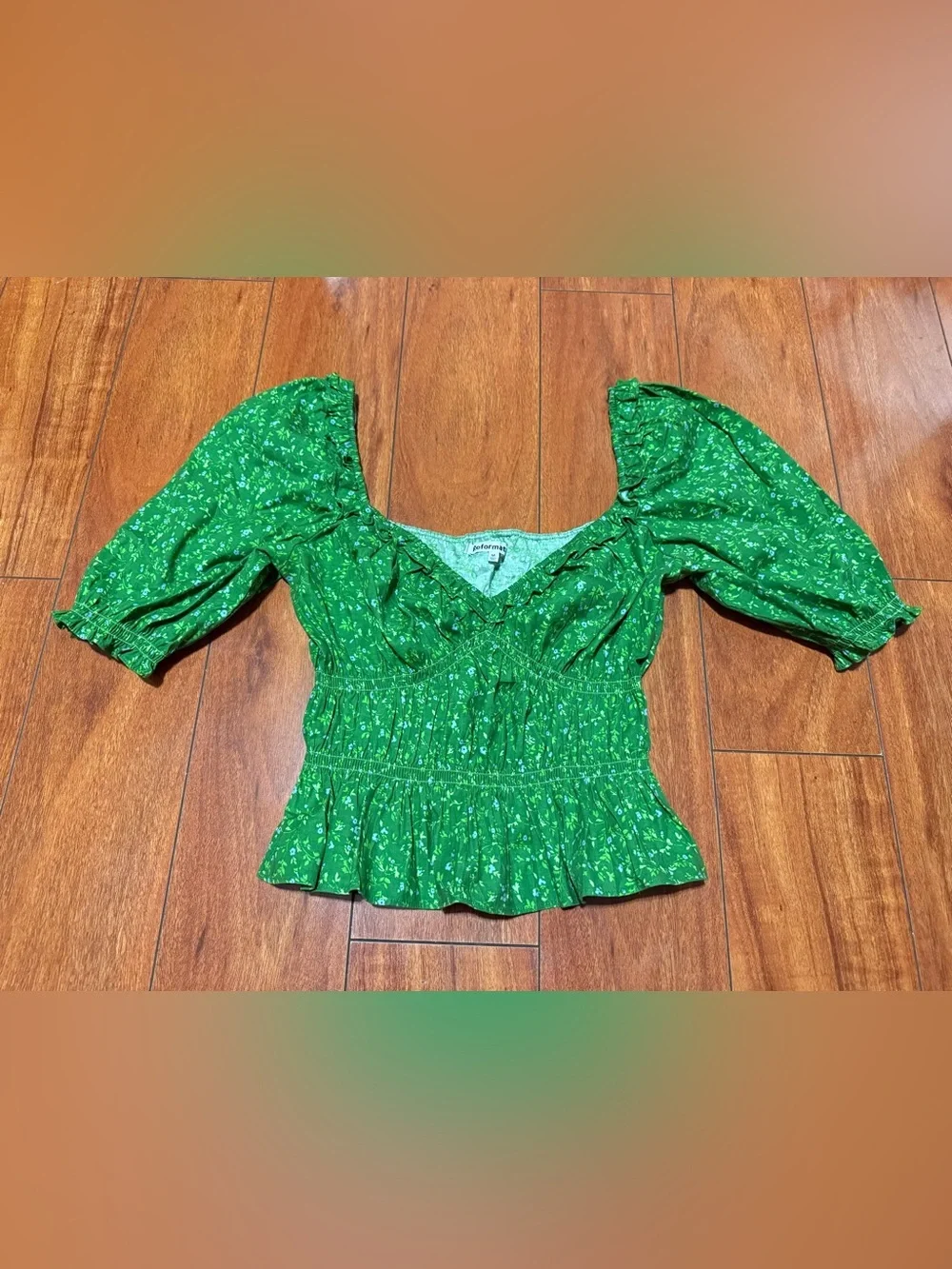 Reformation Bright Green Floral Smocked Peplum Blouse